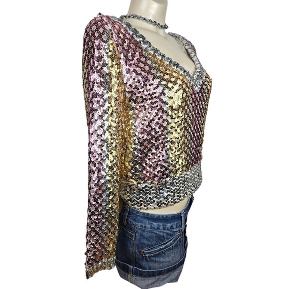 Vtg 70s Lilli Diamond Sequin Knit Top M Long Sleeve V-Neck Fairy Whimsy Disco - Picture 3 of 8